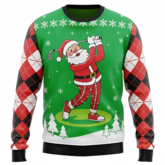 Ugly Christmas Sweater Santa Golf Party Argyle Holiday Pullover for Men