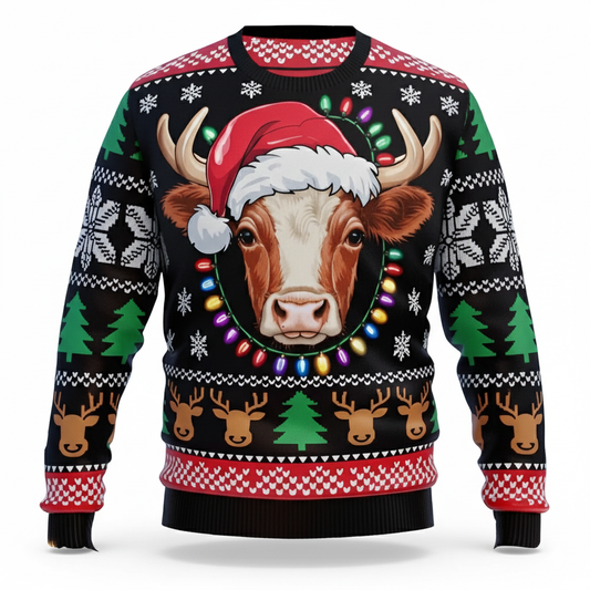 Ugly Christmas Sweater Cow in Santa Hat Funny Holiday Pullover for Animal Lovers
