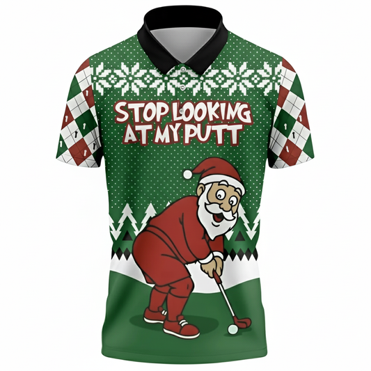 Mens Golf Polo Shirt Santa Funny Stop Looking At My Putt Tee for Men