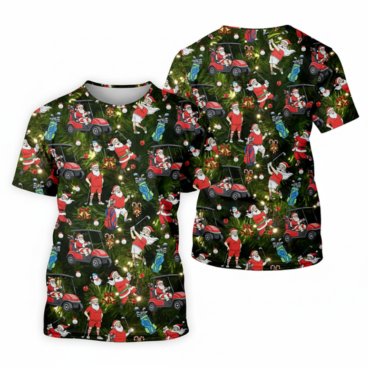 Men’s Christmas Golf T-Shirt 3D Print Funny Santa All-Over Print Holiday Icons Festive Green