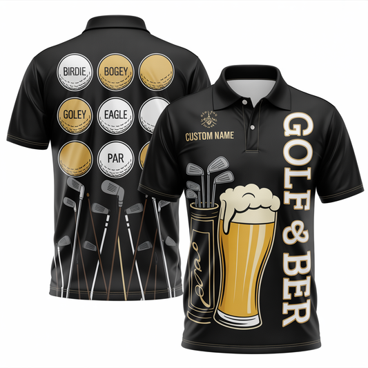 Personalized Mens Golf Polo Shirt Funny Beer Print Christmas Gift for Golfers Custom Name