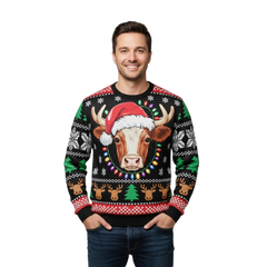 Ugly Christmas Sweater Cow in Santa Hat Funny Holiday Pullover for Animal Lovers