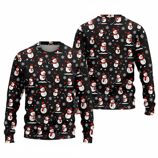 Ugly Christmas Sweatshirt 3D Print – Snowman Playing Golf Graphic Golf Shirt in Black for Men