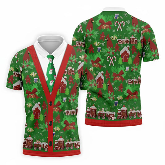 Christmas Cardigan Polo Shirt 3D Print Gingerbread House & Train Motif Christmas Pattern Golf Shirt for Men