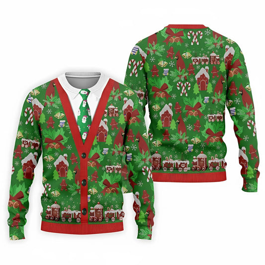 3D Printed Christmas Cardigan Sweatshirt – Gingerbread House & Train Motif Golf Shirt for Men