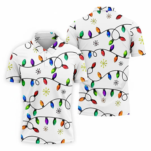 Christmas Polo Shirt 3D Print – Flashing Lights Snowflake Design Christmas Golf Shirt for Men