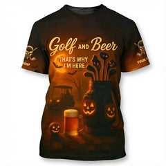Personalized Men's Golf T-Shirt Golf And Beer That's Why I'm Here Halloween Pumpkin Custom Name