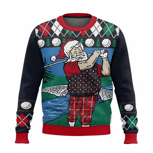 Ugly Christmas Sweater Funny Santa Claus Playing Golf Swing Argyle Plaid Pattern Sweatshirt For Men Dad