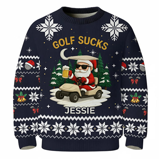 Personalized Men's Golf Ugly Christmas Sweater Golf Sucks Santa Riding Cart Funny Beer Lover Custom Name