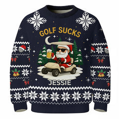 Personalized Men's Golf Ugly Christmas Sweater Golf Sucks Santa Riding Cart Funny Beer Lover Custom Name
