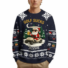 Personalized Men's Golf Ugly Christmas Sweater Golf Sucks Santa Riding Cart Funny Beer Lover Custom Name
