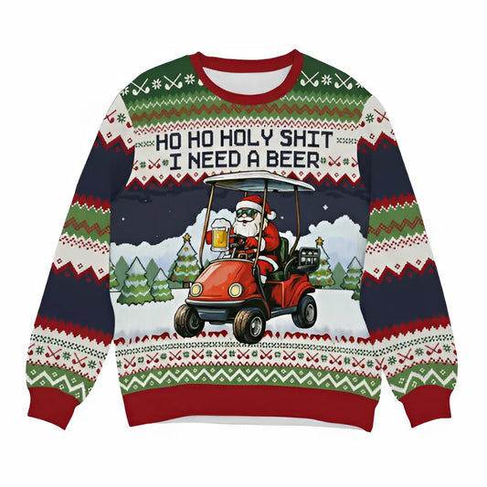Ugly Christmas Sweater Ho Ho Holy Shit I Need A Beer Santa Golf Cart Funny Adult Humor Sweatshirt For Men Dad