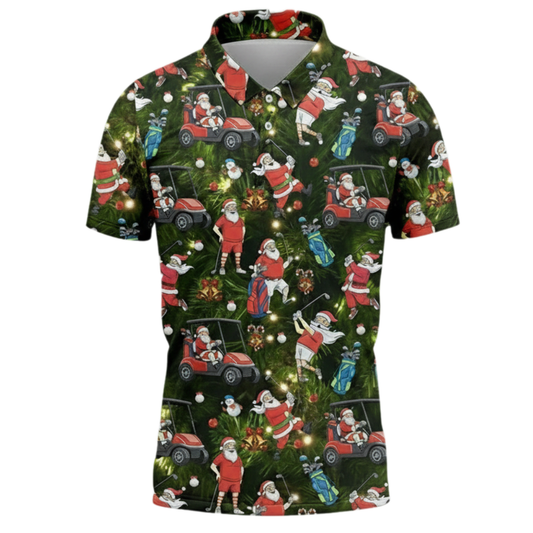 Men’s Santa Golf Christmas Polo Shirt 3D Print Funny Holiday Golfer Gift Festive Green