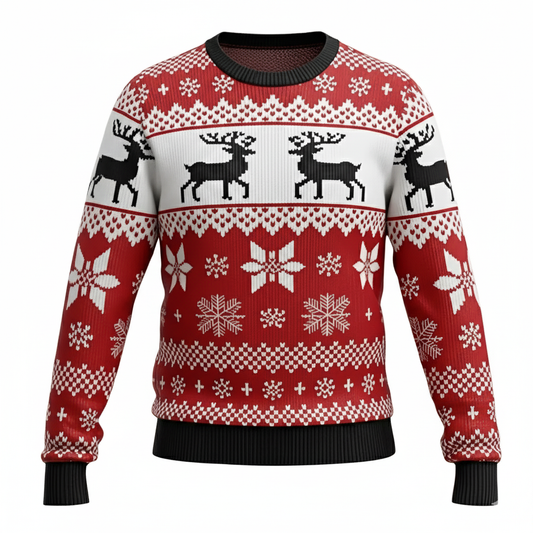 Classic Fair Isle Christmas Sweater – Red & White Reindeer Snowflake Pattern