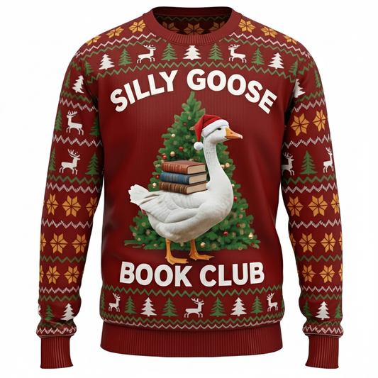 Funny Christmas Sweater Book Club Silly Goose Ugly Holiday Pullover for Adults