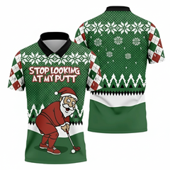 Mens Golf Polo Shirt Santa Funny Stop Looking At My Putt Tee for Men