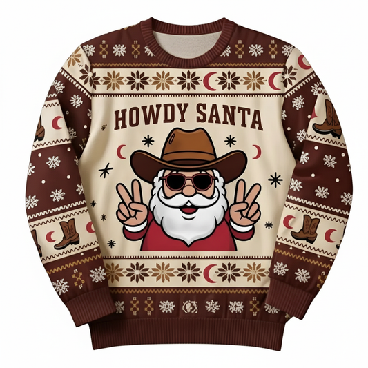 Ugly Christmas Sweater Cowboy Howdy Santa Unique Western Holiday Pullover for Adults