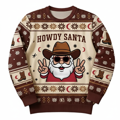 Ugly Christmas Sweater Cowboy Howdy Santa Unique Western Holiday Pullover for Adults