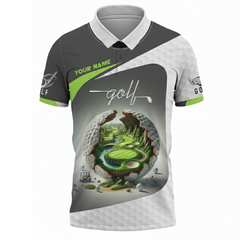 Personalized Mens Golf Polo Shirt Unique Golf Ball Scenic Design Gift for Dad Custom Name