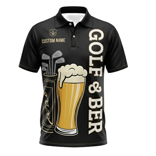 Personalized Mens Golf Polo Shirt Funny Beer Print Christmas Gift for Golfers Custom Name