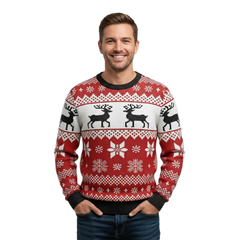 Classic Fair Isle Christmas Sweater – Red & White Reindeer Snowflake Pattern