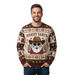 Ugly Christmas Sweater Cowboy Howdy Santa Unique Western Holiday Pullover for Adults