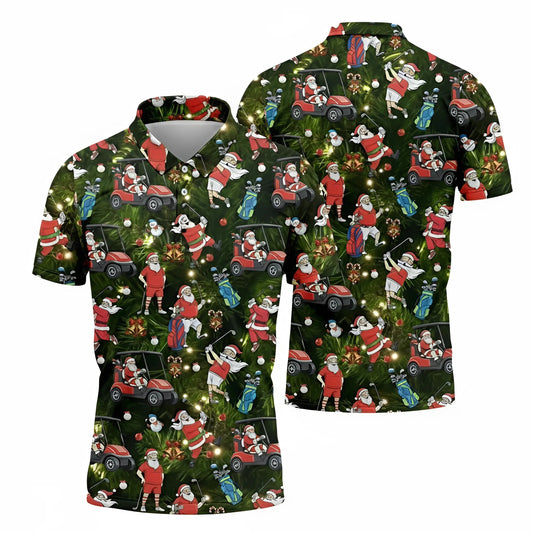 Men’s Santa Golf Christmas Polo Shirt 3D Print Funny Holiday Golfer Gift Festive Green