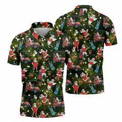 Men’s Santa Golf Christmas Polo Shirt 3D Print Funny Holiday Golfer Gift Festive Green