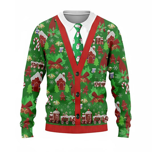 3D Printed Christmas Cardigan Sweatshirt – Gingerbread House & Train Motif Golf Shirt for Men