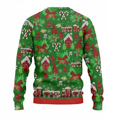 3D Printed Christmas Cardigan Sweatshirt – Gingerbread House & Train Motif Golf Shirt for Men