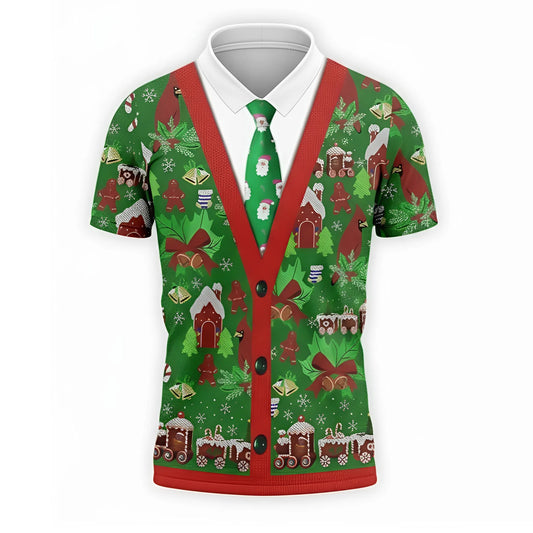 Christmas Cardigan Polo Shirt 3D Print Gingerbread House & Train Motif Christmas Pattern Golf Shirt for Men