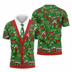 Christmas Cardigan Polo Shirt 3D Print Gingerbread House & Train Motif Christmas Pattern Golf Shirt for Men