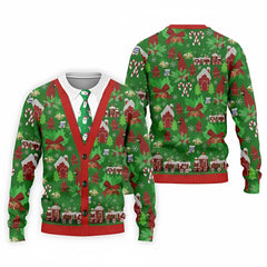 3D Printed Christmas Cardigan Sweatshirt – Gingerbread House & Train Motif Golf Shirt for Men