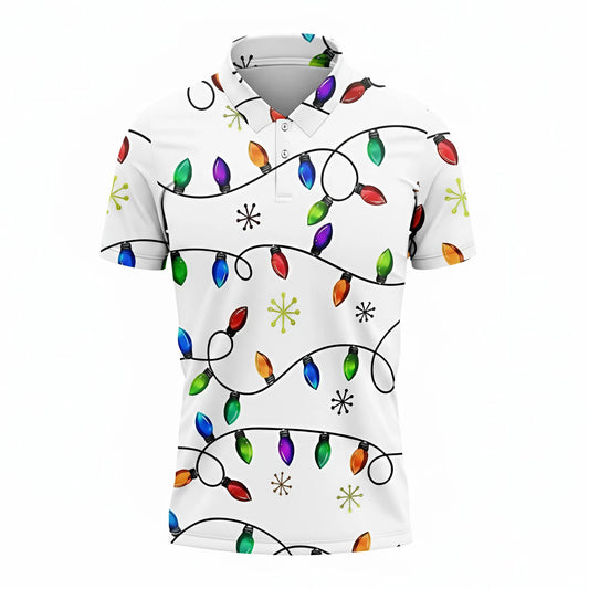 Christmas Polo Shirt 3D Print – Flashing Lights Snowflake Design Christmas Golf Shirt for Men