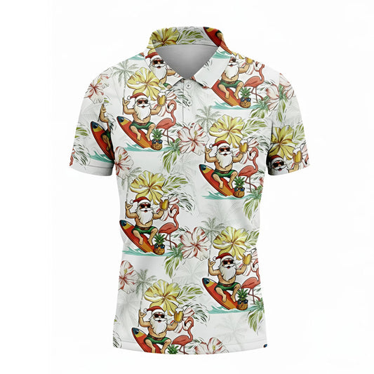 Surfing Santa Hawaiian Golf Polo – Fun Christmas Shirt for Men