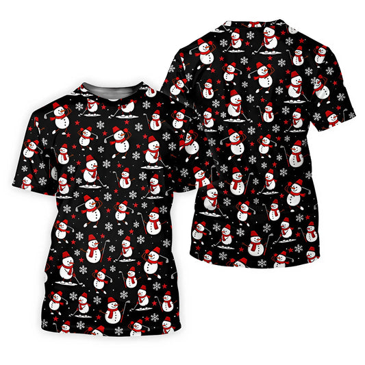 Personalized Men's Golf T-Shirt Snowman Playing Golf Pattern Ugly Christmas Sweater Style Custom Name