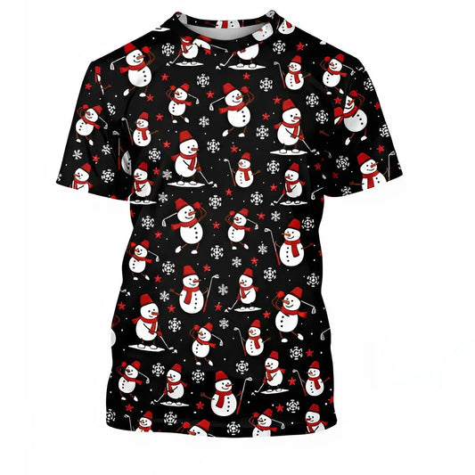 Personalized Men's Golf T-Shirt Snowman Playing Golf Pattern Ugly Christmas Sweater Style Custom Name