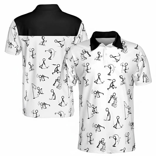 Funny Stick Figure Golf Minimalist Doodle Pattern Novelty Gift Polo Shirt For Men