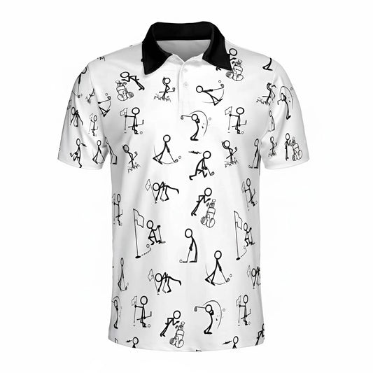 Funny Stick Figure Golf Minimalist Doodle Pattern Novelty Gift Polo Shirt For Men