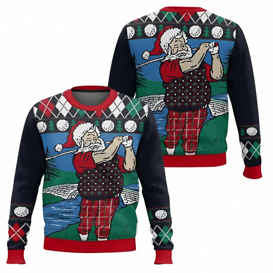 Ugly Christmas Sweater Funny Santa Claus Playing Golf Swing Argyle Plaid Pattern Sweatshirt For Men Dad