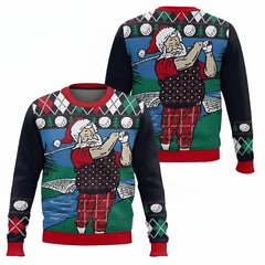 Ugly Christmas Sweater Funny Santa Claus Playing Golf Swing Argyle Plaid Pattern Sweatshirt For Men Dad