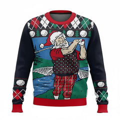 Ugly Christmas Sweater Funny Santa Claus Playing Golf Swing Argyle Plaid Pattern Sweatshirt For Men Dad