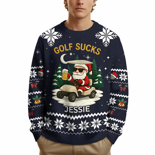 Personalized Men's Golf Ugly Christmas Sweater Golf Sucks Santa Riding Cart Funny Beer Lover Custom Name