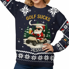 Personalized Men's Golf Ugly Christmas Sweater Golf Sucks Santa Riding Cart Funny Beer Lover Custom Name