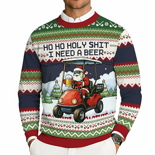 Ugly Christmas Sweater Ho Ho Holy Shit I Need A Beer Santa Golf Cart Funny Adult Humor Sweatshirt For Men Dad
