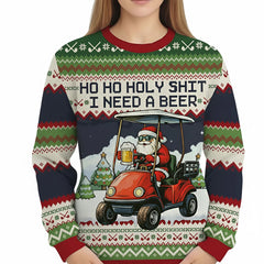 Ugly Christmas Sweater Ho Ho Holy Shit I Need A Beer Santa Golf Cart Funny Adult Humor Sweatshirt For Men Dad