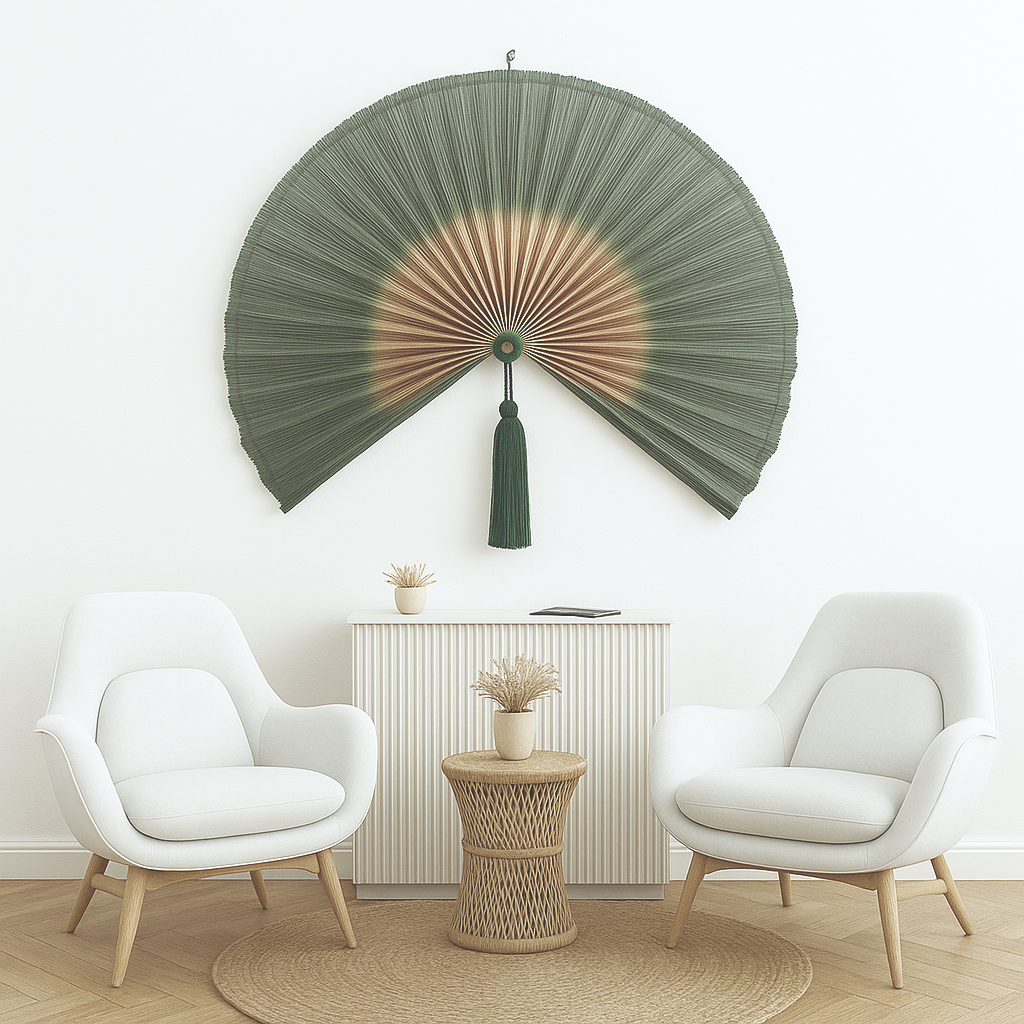 Bamboo Wall Fan Decor Dark Moss Green, Large Decorative Folding Fan for Wall Hanging