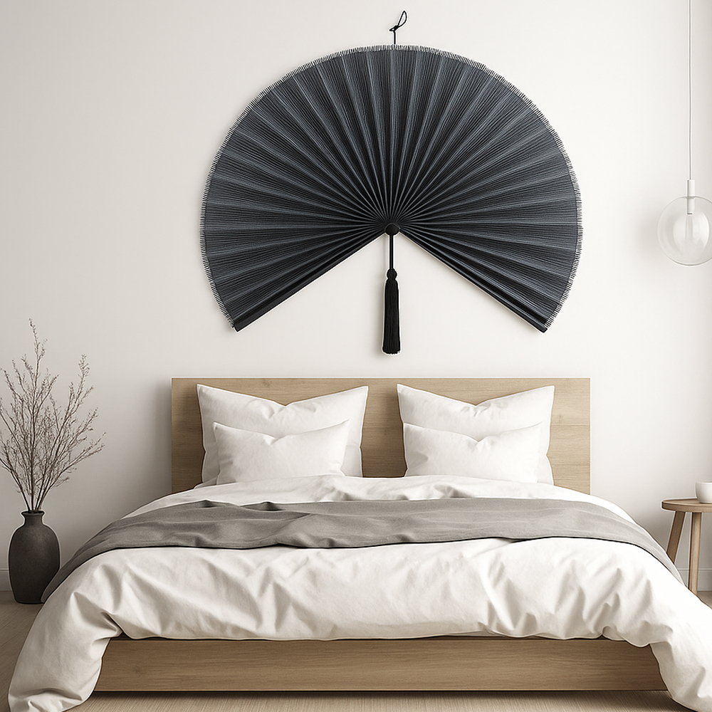 Chumdecor Dark Grey Bamboo Wall Fan, Large Wicker Folding Fan Headboard, Boho Over Bed Wall Decor style