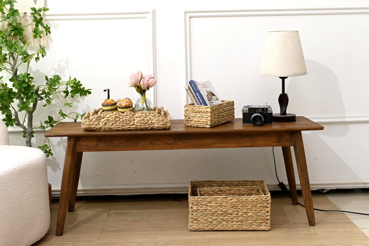 Set of 3 Rectangular Scalloped Wicker Baskets with Lids For Living Room