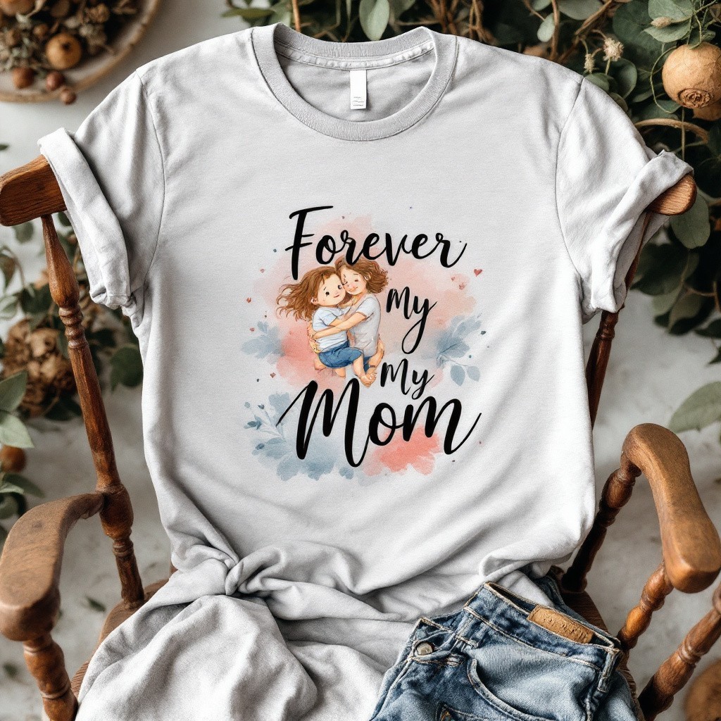 Forever My Mom” Watercolor Hug T-Shirt – Mother & Child Floral Graphic Tee-Photoroom
